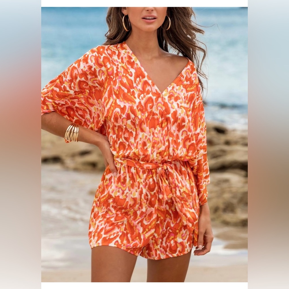 Tropical Sunset Romper Womens S Orange Pink Leopard Print Resort Vibes - Picture 2 of 11